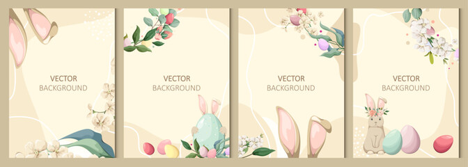 Set of abstract backgrounds with flowers, rabbits, and eggs. Vector for flyers, postcards, design, and social media.
