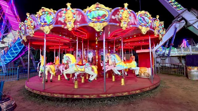 Mysuru, Karnataka, India-October 27 2025; A Merry go round or carousel ride in an amusement part for children and tourists during Dussehra festival carnival in India.
