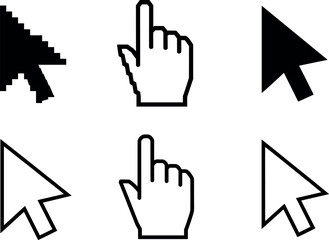 Computer cursor arrow and hand click icons set with pixel and minimalist line art