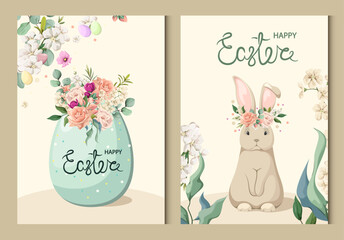 Happy Easter. Set of cute posters with egg, rabbits and flowers. Vector.

