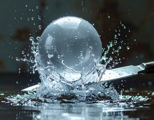 Clear sphere is sliced by a silver knife, causing water to splash dramatically on a dark surface with blurred background