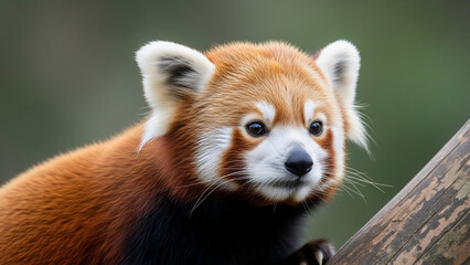 Close up portrait of a cute red panda resting on a tree branch with soft bokeh background