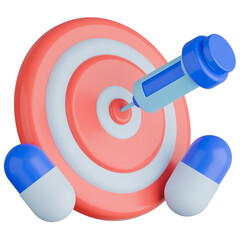 3D medical illustration showing a syringe injected into the bullseye of target, flanked by drug capsules. Represents precision medicine.