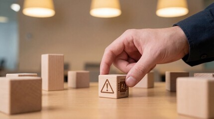 Adult mans hand placing wooden block with AI and warning symbol, representing artificial intelligence risks and development
