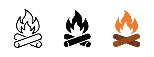 Campfire icon. Outdoor fire with wooden logs symbol. Camping and hiking concept. Bonfire pictogram for adventure, wilderness trips, campsite activities and outdoor travel. © MALAI Studio