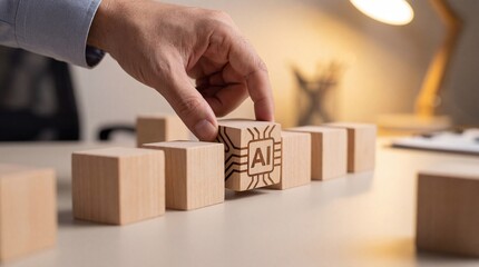 Adult mans hand placing wooden block with AI chip symbol, representing artificial intelligence development and innovation in technology
