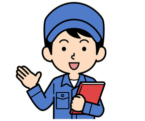 ファイルを持って案内するシンプルな作業員の男性