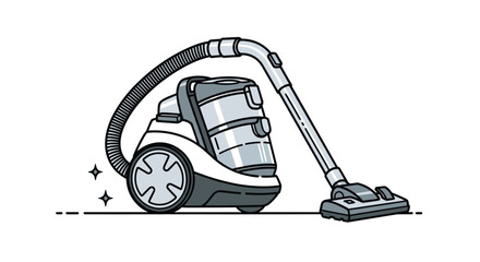 Detailed illustration of a modern white and gray vacuum cleaner with sparkling stars representing a clean home.