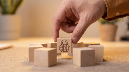 Adult mans hand placing wooden block with AI brain and lock symbol, representing cybersecurity and data protection concept