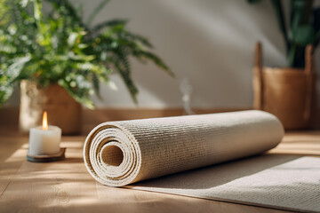 An unrolled beige yoga mat on a clean wooden floor in a sunlit empty room, a potted green plant and a burning candle, zen meditation atmosphere, 