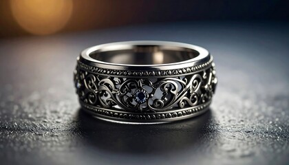 Ornate Silver Ring on Dark Surface.