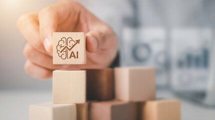 Adult hand placing wooden block with AI brain and upward arrow on stacked blocks, symbolizing growth and innovation in artificial intelligence