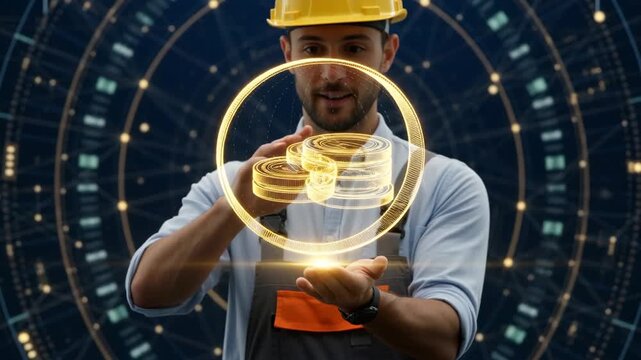 A construction worker in a safety helmet manipulating a glowing digital visualization of coins, creating a futuristic atmosphere with dynamic lights and patterns