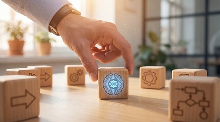 Adult mans hand placing a wooden cube with a glowing AI brain symbol, surrounded by cubes with process flow and gear icons, symbolizing innovation and technology