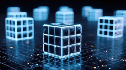 Neon-edged cubes float above digital grid