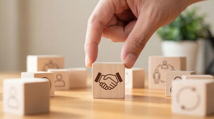 Hand placing wooden block with handshake icon, symbolizing partnership and agreement among business people Concept of teamwork and collaboration