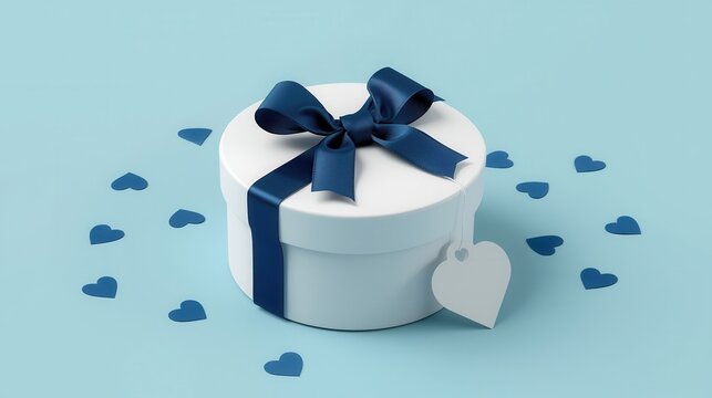 Scatola regalo rotonda bianca con fiocco blu e cuori su sfondo azzurro. Generative AI