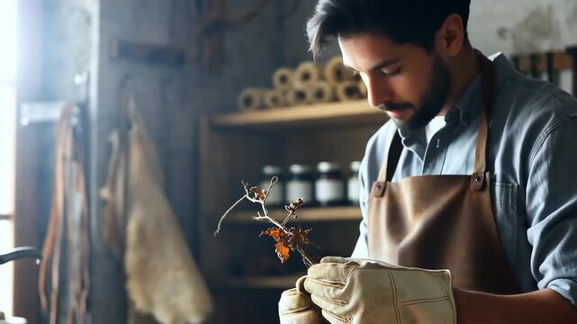 A craftsman holding a sprig of orange leaves in a rustic workshop with wooden shelves and tools in the background