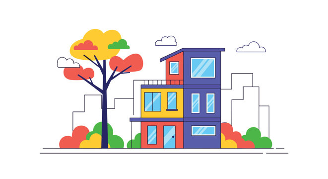 Vibrant flat illustration of a modern colorful suburban house with a flat roof next to a colorful stylized autumn tree.
