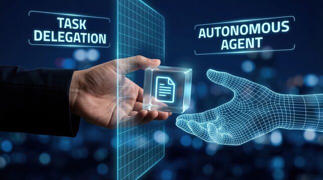 Mans hand delegates a document to an autonomous agents wireframe hand, symbolizing AI task delegation and future technology