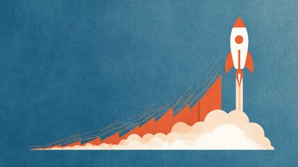 Cartoon rocket launching amidst ascending orange bar graph