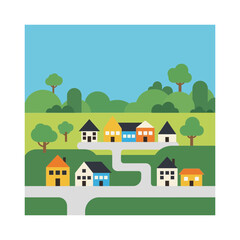 Fototapeta premium Flat design illustration of a colorful suburban neighborhood with houses, winding roads, green hills, and trees under a clear blue sky.