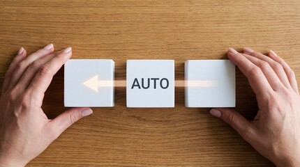 Hands arranging white blocks with AUTO text and arrows, symbolizing automation, process, and decisionmaking on a wooden surface