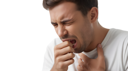 Man coughing with hand on mouth and neck in distress, isolated on white background.
