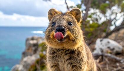 Quokka with Tongue Out on Cliffside.