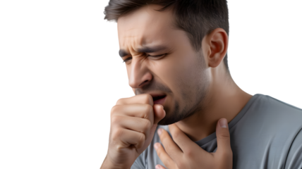 Man coughing with hand on chest in discomfort, isolated on white background.