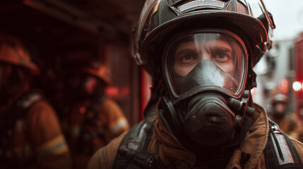Firefighter, wearing an air tank and helmet, stands in front of a fire truck, surrounded by other rescue team members.