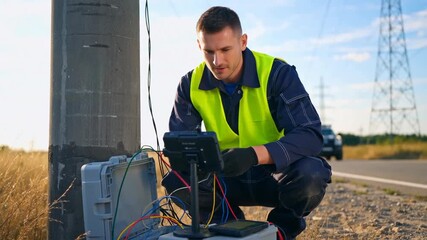 An electrical technician in a fluorescent vest performing diagnostics on equipment near a roadside with power lines in the background