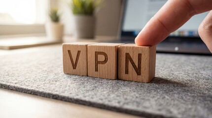 Finger pressing wooden blocks spelling VPN, representing virtual private network security and online privacy concept