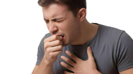 Man coughing with hand on chest in pain, isolated on white background.