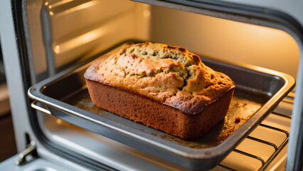 A loaf of banana bread in an oven, illuminated by the warm glow from inside the tray, showcasing its golden-brown crust and delicious appearance.