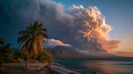 Volcanic eruption in a tropical setting. A massive, towering plume of ash and smoke rises high into the sky, glowing with the light of the setting sun.