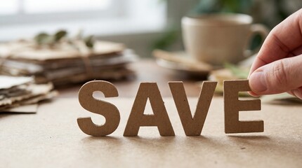 Hand placing the letter E to complete the word SAVE, symbolizing financial planning and saving money