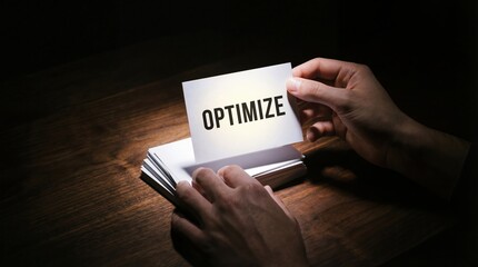 Adult hands holding a card with the word OPTIMIZE in a spotlight, over a stack of papers on a wooden desk Concept of business strategy and improvement