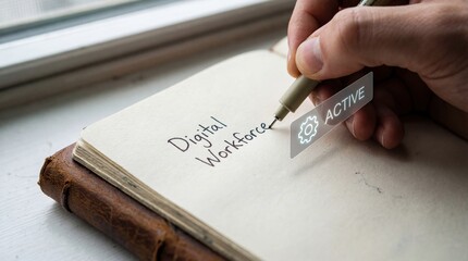 Adult hand writing Digital Workforce in notebook with Active button, concept of modern business and technology