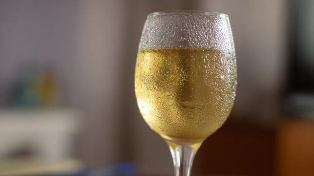 Chilled glass of pale golden Torrontes wine with soft condensation on a minimal surface. bar promotions, beverage menus, designed for wine branding and menu layouts.