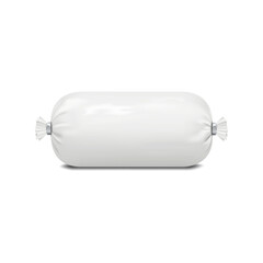 Sausage package. Realistic 3d vector mockup. White blank whole ham roll opaque plastic packaging. Mock-up. Template for design