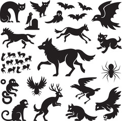 black silhouettes of various animals and mythical creatures on white background