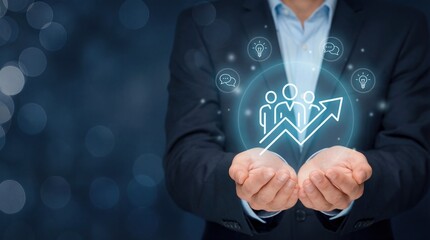 Businessman holding a glowing icon of team growth and success with upward arrow and lightbulbs, representing business development and innovation