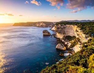 Cliffside views of sea and sky at sunset; bright light creates a vivid, picturesque scene