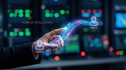 Businessmans hand initiating flow of intelligence between Agent A and Agent B in a futuristic data center, concept of AI and network connection