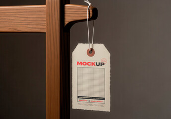 Label Hanging on Elegant Wooden Chair Furniture Mockup