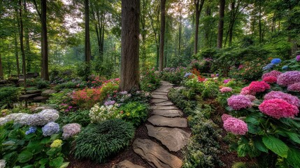 Forest garden path with hydrangeas and trees