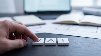 Adult mans finger pressing V tile in VAT spelling, with blurred office desk background, concept of taxation and finance