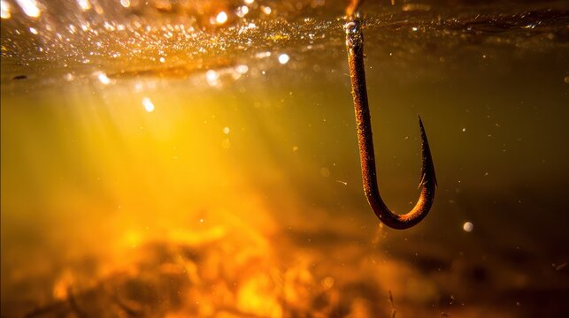 Fishing hook suspended beneath clear water surface with sunlit bubbles and calm motion. real-estate listings, architecture portfolios, created for interior renovation comparison imagery.