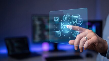 Mans hand interacting with a futuristic chatbot interface on a transparent screen, symbolizing AI and digital communication